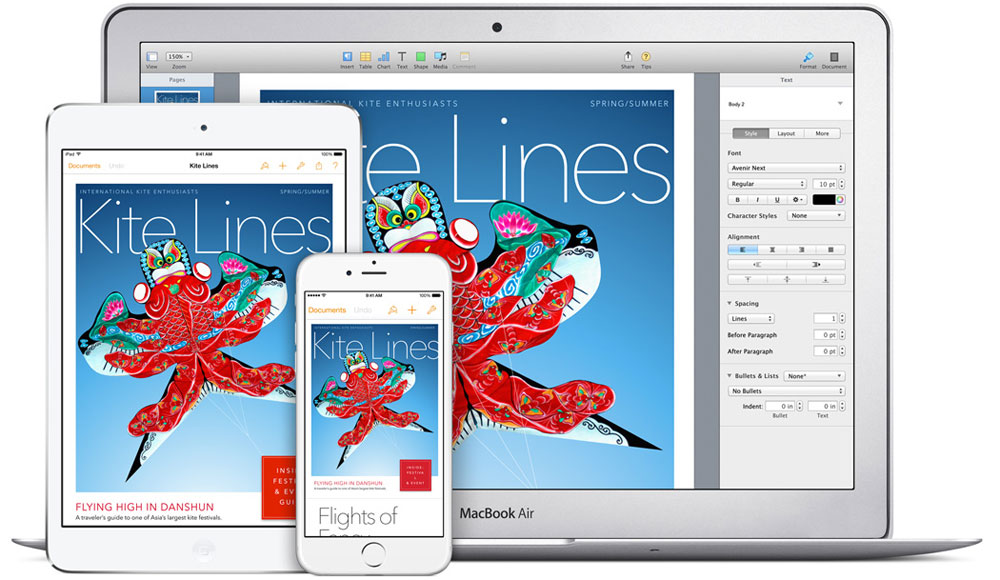 A MacBook, an iPad Air and an iPhone, with screen showing them sharing the same content